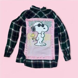 Upcycled Old Navy Green Plaid Snoopy Shirt Small